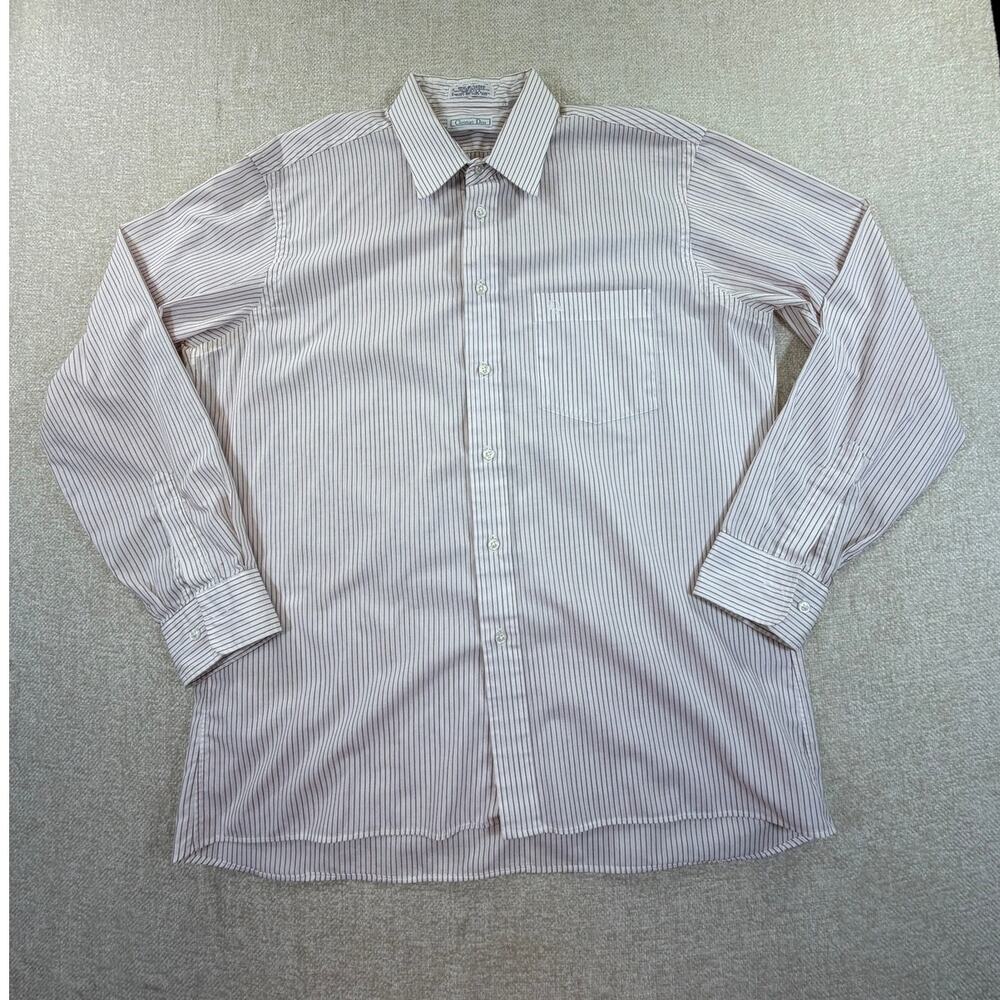 Christian Dior Mens 16.5 34/35 White Red Pinstripe Long Sleeve Dress Shirt Retro